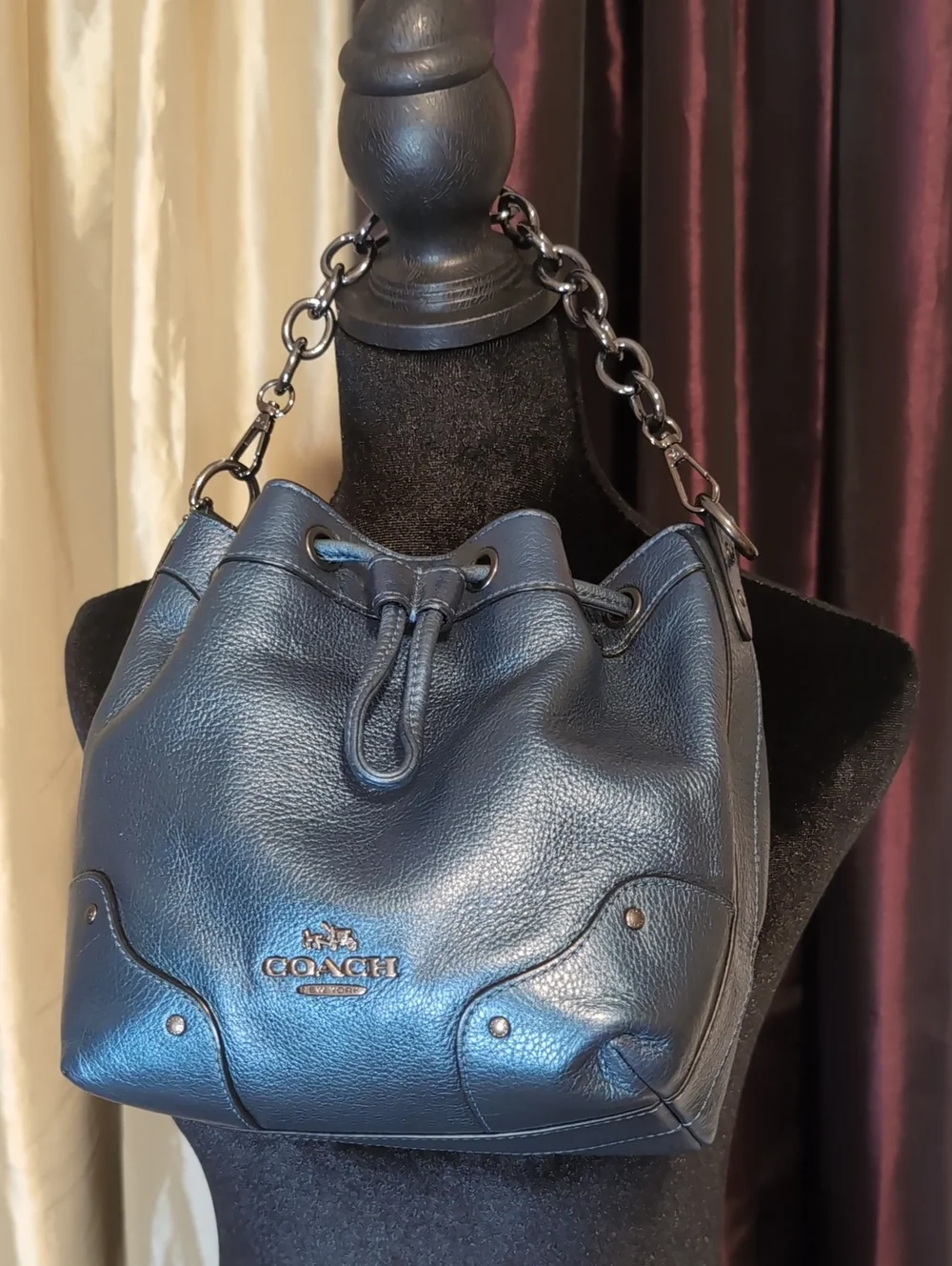 COACH Metallic Blue Baby Mackie Pebbled Leather Drawstring Hand/ Shoulder Bag